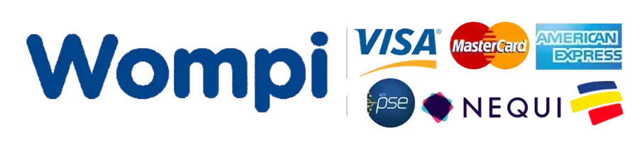 Logo de pasarela de pago wompi con el listado de medios de pago que maneja (Bancolombia, nequi, pse, visa, mastercard y american express)